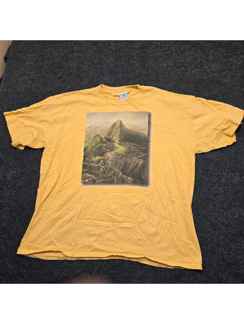Vtg 90s Cal Cru Machu Picchu Golf Tee Shirt xxl USA Yellow Graphic Gorpcore Art